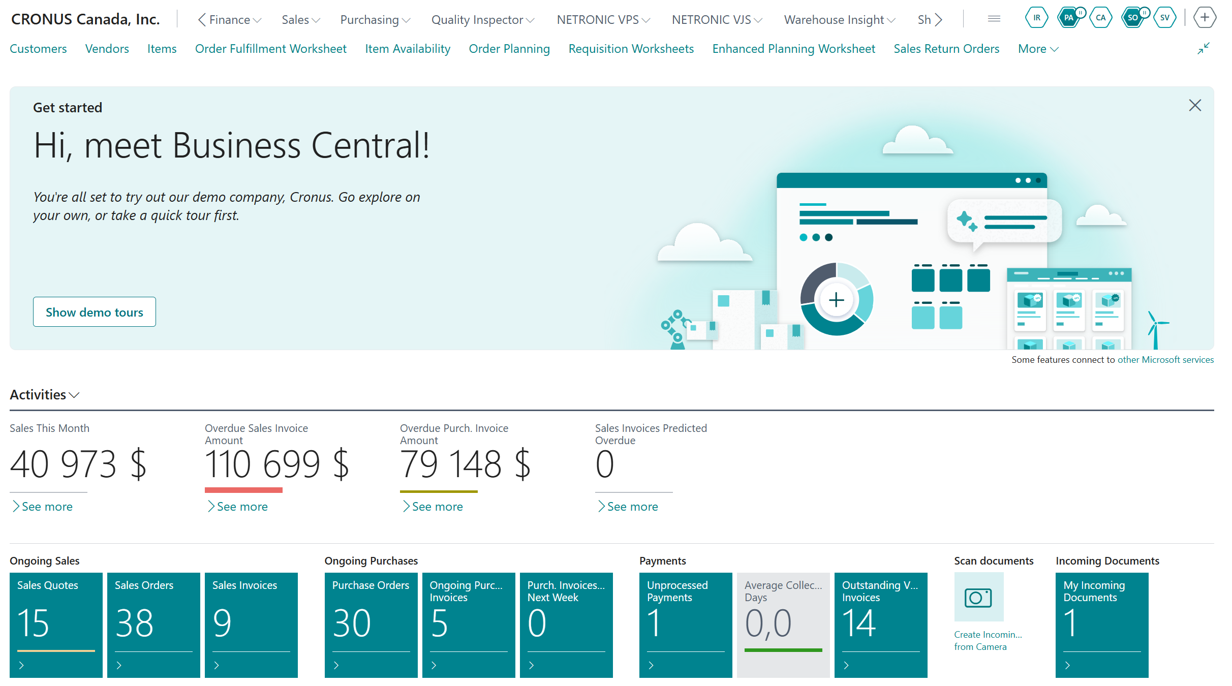 Microsoft Dynamics 365 Business Central home dashboard